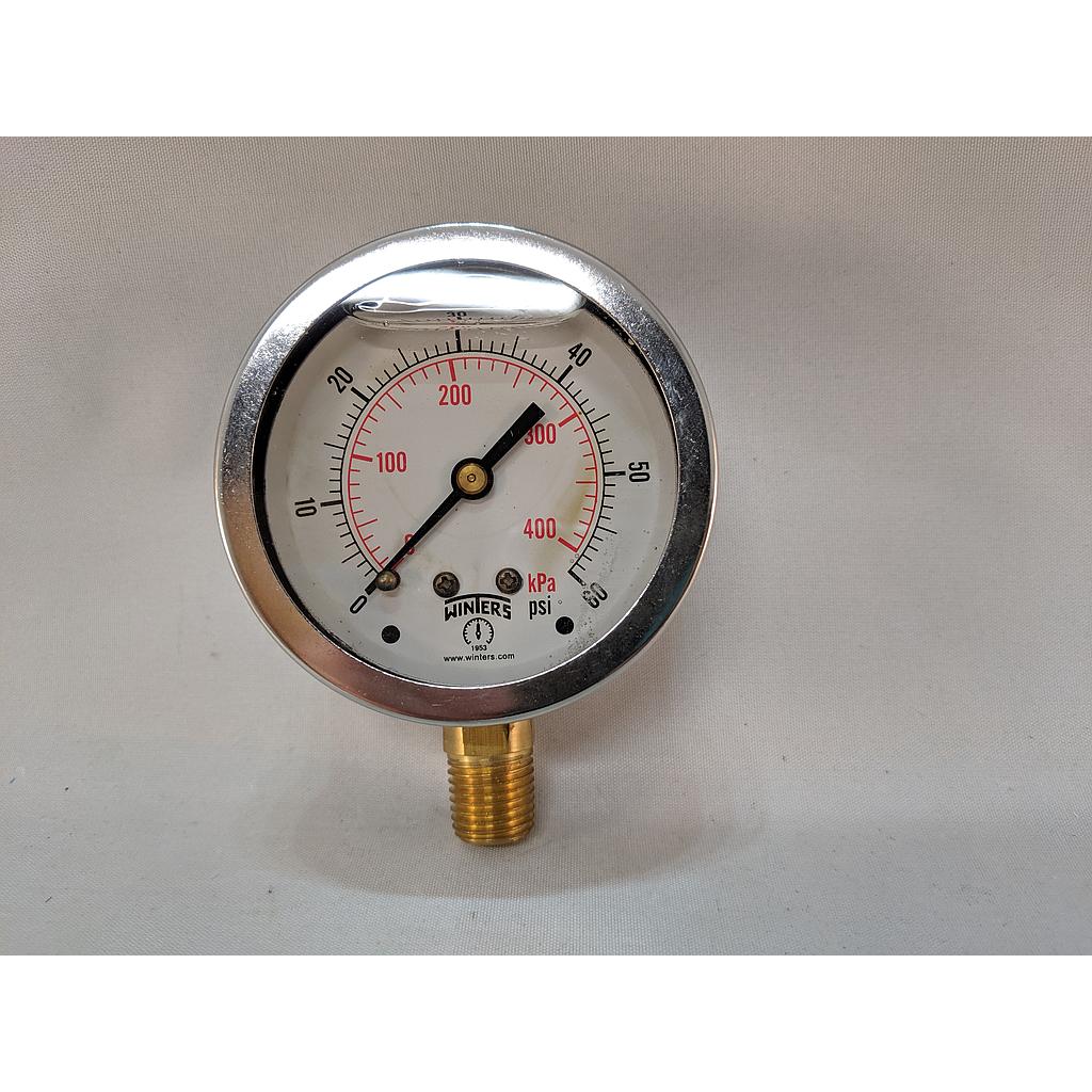 [PFQ803] Pressure Gauge, 63mm dial size, 1/4" NPT bottom, 0-60PSI/kPa, Liquid Filled