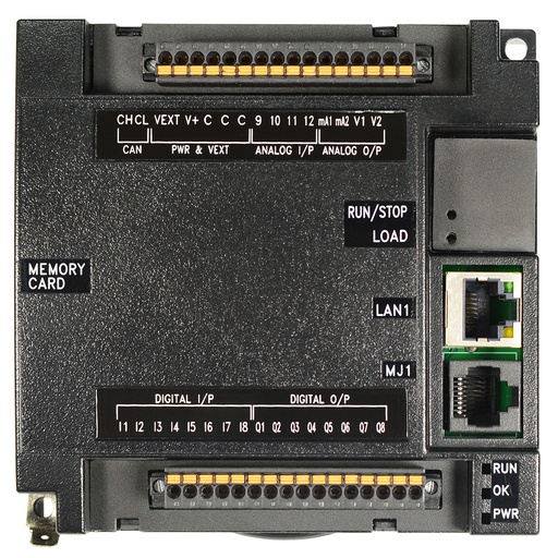 [HE-RCC8842] Currently only available as (-75) variant RCC Logic controller without display. 8 digital DC inputs, 8 digital outputs, 4 analog input, 2 analog outputs, 1 half-duplex RS-485, 1 RS-232, CAN, 10/100 Ethernet. 