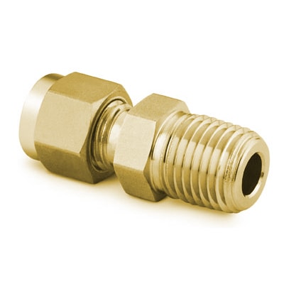 Brass Swagelok Tube Fitting, Bored-Through Male Connector, 1/4 in. Tube OD x 1/4 in. Male NPT