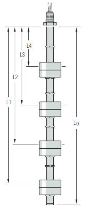 Gems LS-700-1-SS-SS-SPST-020-GR1-4, LS-700 Series, 1/8"NPT, 316SS Stem and Float, L1=11.25" N.C., L2 = 7.25" N.C., L3 = 5.25" N.C., L4 = 1.25" N.C.