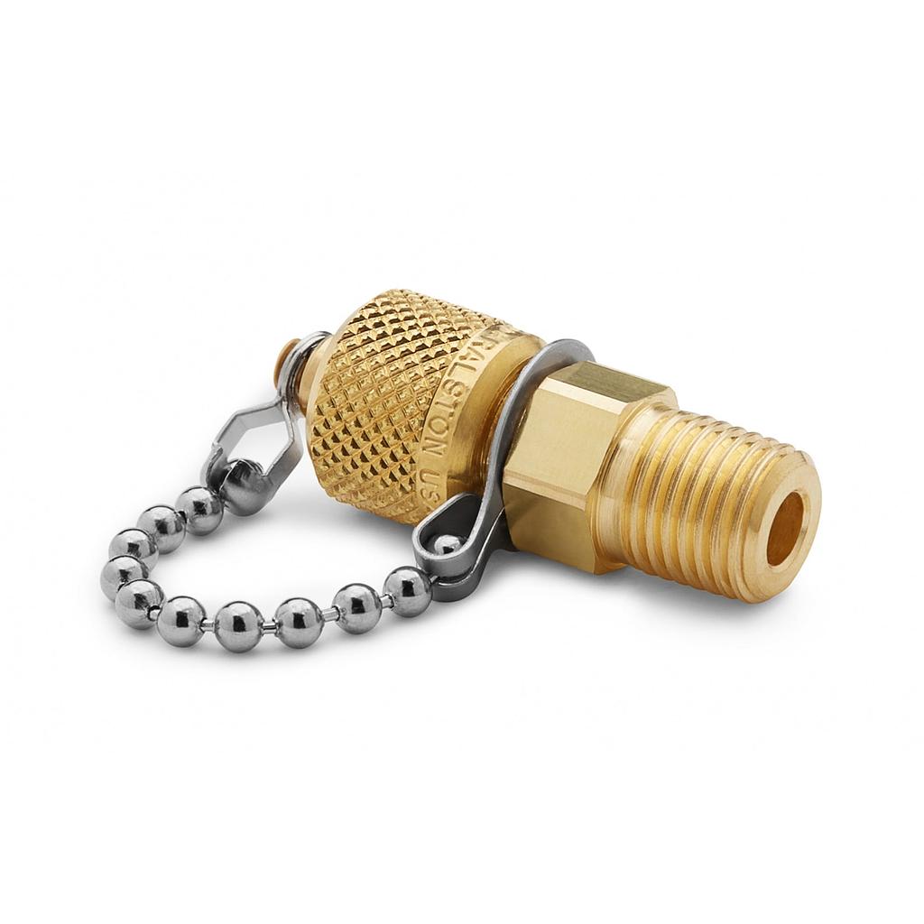 G 3/8" male BSPP (ISO 228/1) x male Quick-test, no check-valve, with cap and chain, brass