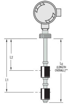 GEMS LS-800, 1.25"NPT MOUNT, 17" LENGTH, L1=15", L2=5" (LS-800-2-SS-BN-SPST-020-GR2-2)