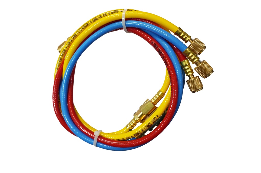 Set of red, blue and yellow PVC 700 psi max hose with filter and O-rings installed.  Custom designed for backflow testing and potable water safe