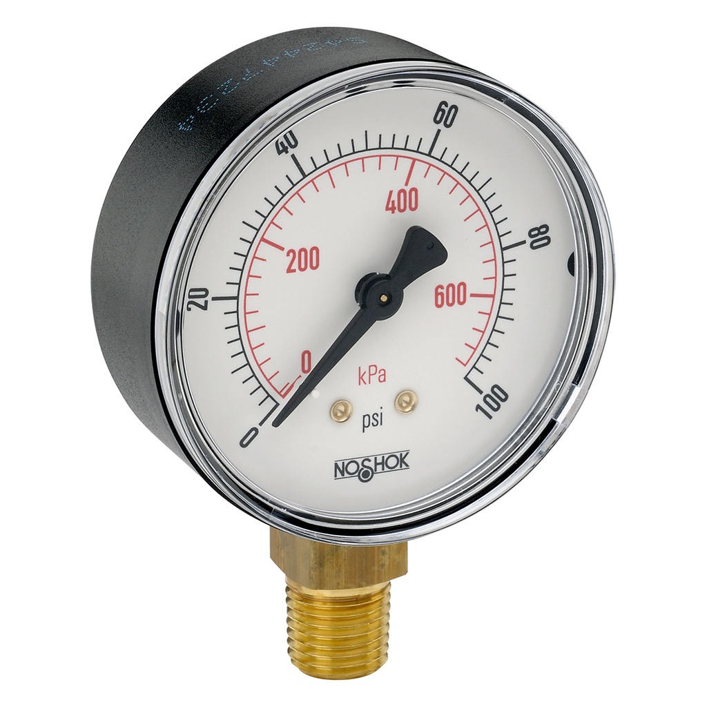 100 Series Pressure Gauge, 2.5" Dial, 0 to 100 PSI, 1/4" NPT Lower Mount