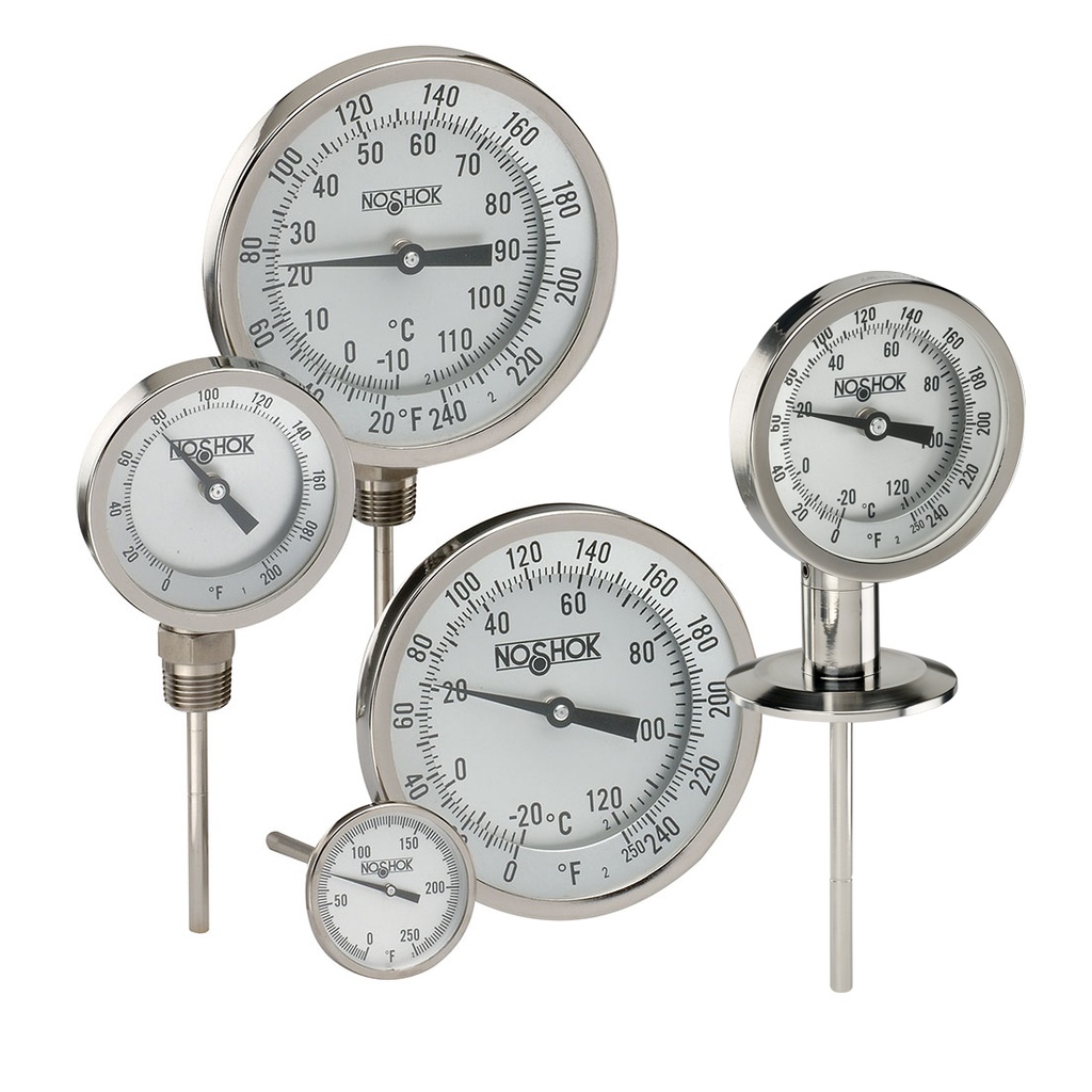 300 Series Bimetal, Industrial Thermometer, External Reset, Sanitary Options, 40 to 160 °F, 1/2" NPT, 2.5" Stem, 0.250" Stem Diam