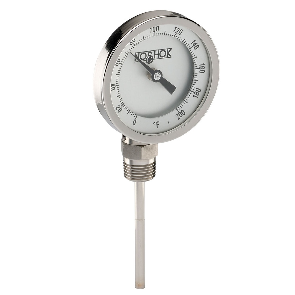 300 Series Bimetal, Industrial Thermometer, External Reset, Sanitary Options, 0 to 140 °F, 1/2" NPT, 2.5" Stem, 0.250" Stem Diam