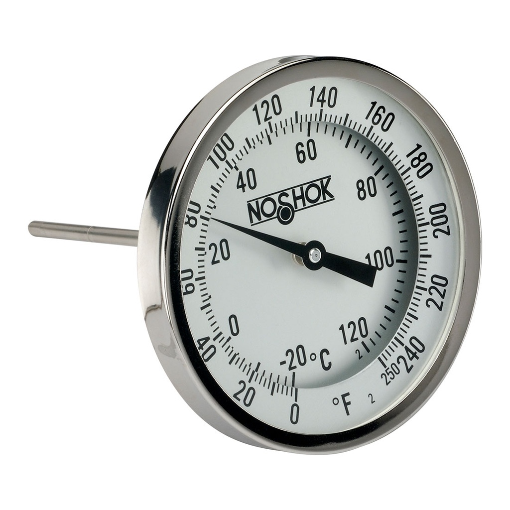 300 Series Bimetal, Industrial Thermometer, External Reset, Sanitary Options, 0 to 180 °F, 1/2" NPT, 2.5" Stem, 0.250" Stem Diam