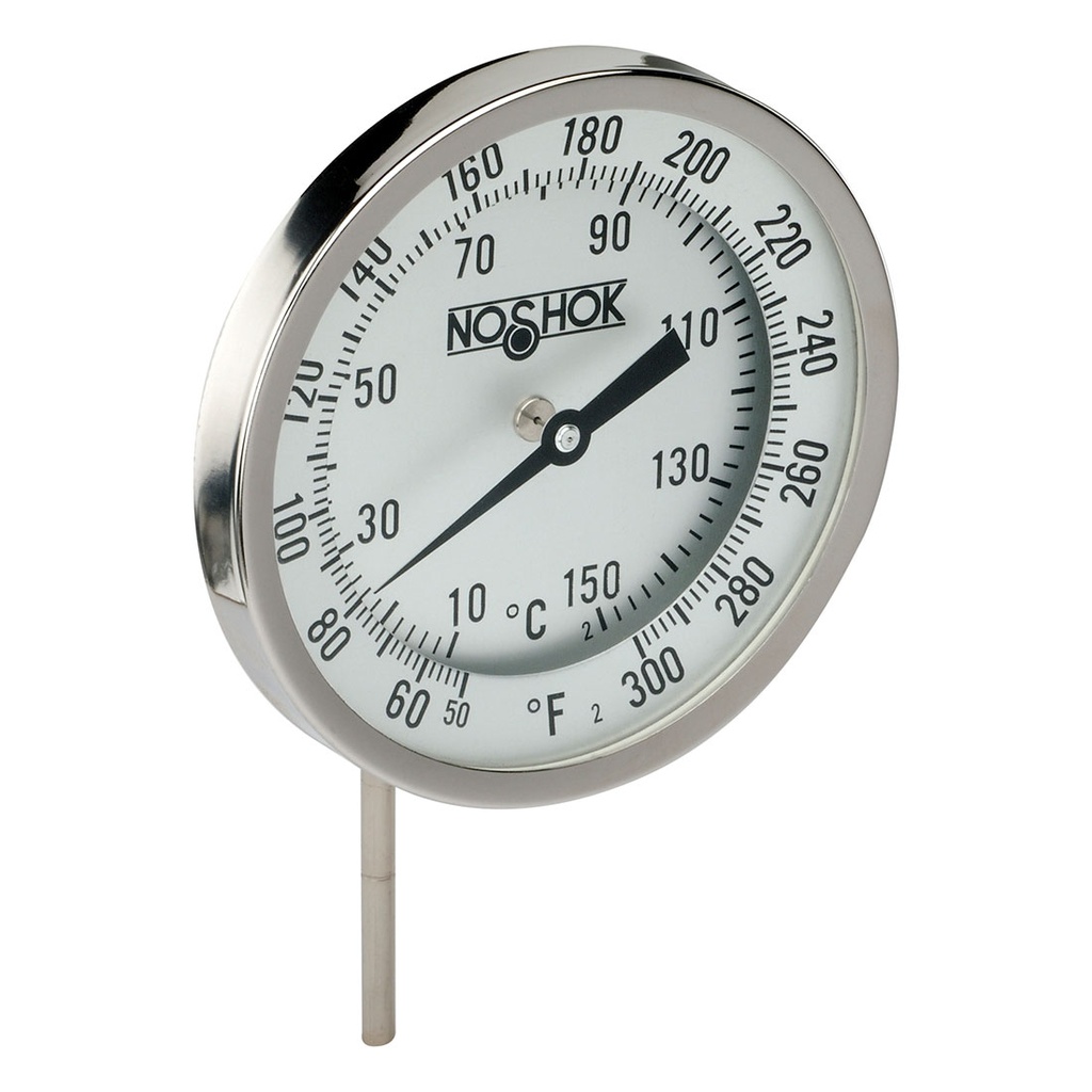 300 Series Bimetal, Industrial Thermometer, External Reset, Sanitary Options, 0 to 140 °F, 1/2" NPT, 4" Stem, 0.250" Stem Diam