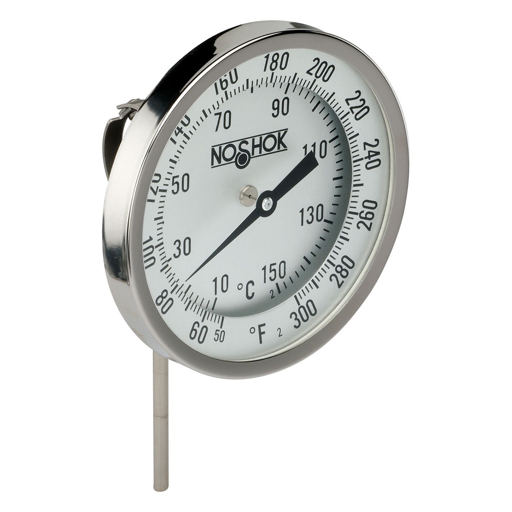 300 Series Bimetal, Industrial Thermometer, External Reset, Sanitary Options, 50 to 300 °F, 1/2" NPT, 4" Stem, 0.250" Stem Diam, Safety Glass Lens