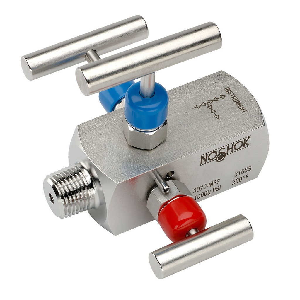 3070 Series 3-Valve Double Block & Bleed, Hard Seat Needle Valve, 1/2" NPT, Male x Female, Steel, 0.187" Orifice 