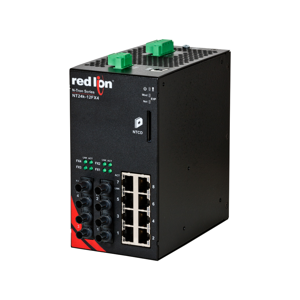 NT24k Series, 12-Port, N-Tron NT24k®-12FX4 Managed Gigabit Ethernet Switch, ST 2km PTP Enabled