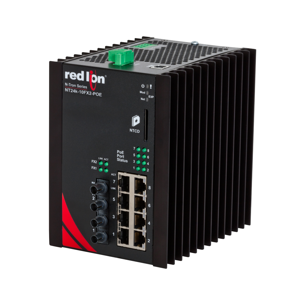 NT24k PoE Series, 10-Port, N-Tron NT24k®-10FX2-POE Managed PoE+ Gigabit Ethernet Switch, ST 2km PTP Enabled