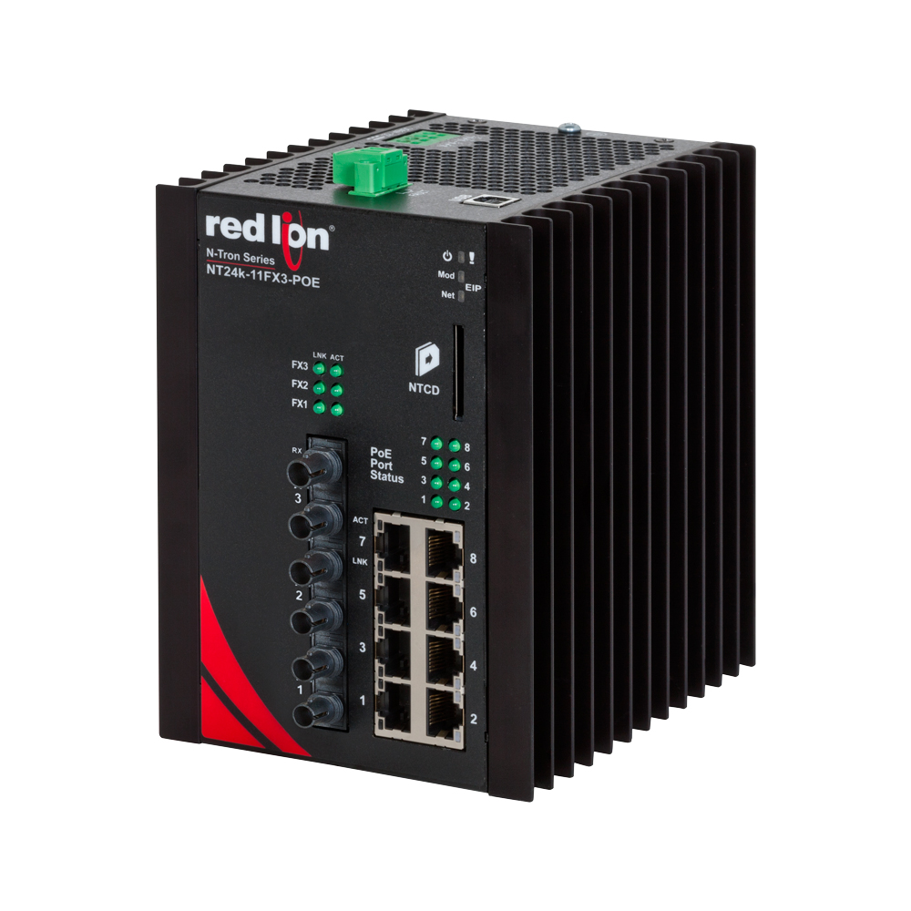 NT24k PoE Series, 11-Port, N-Tron NT24k®-11FX3-POE Managed PoE+ Gigabit Ethernet Switch, ST 2km PTP Enabled