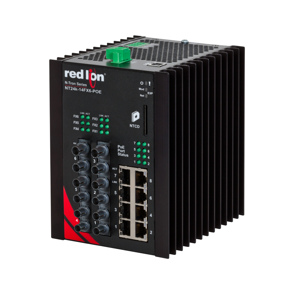 NT24k PoE Series, 14-Port, N-Tron NT24k®-14FX6-POE Managed PoE+ Gigabit Ethernet Switch, ST 2km