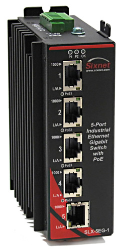 SLX PoE Series, 5-Port, Sixnet SLX-5EG Unmanaged Gigabit Ethernet PoE Switch