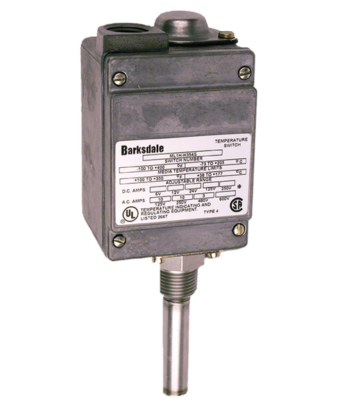 Barksdale Temperature Switch, -50°F to 75°F, 1/2" NPT, Dual Set Point, 10 amps @ 125/250 VAC; 3 amp @ 480 VAC (standard), 304 SS Sensor