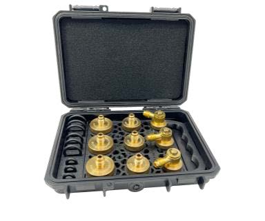 Set of 9 quick connect test fittings in brass 3 of each size (1/4"swivel, 1/2", 3/4") with resin holder