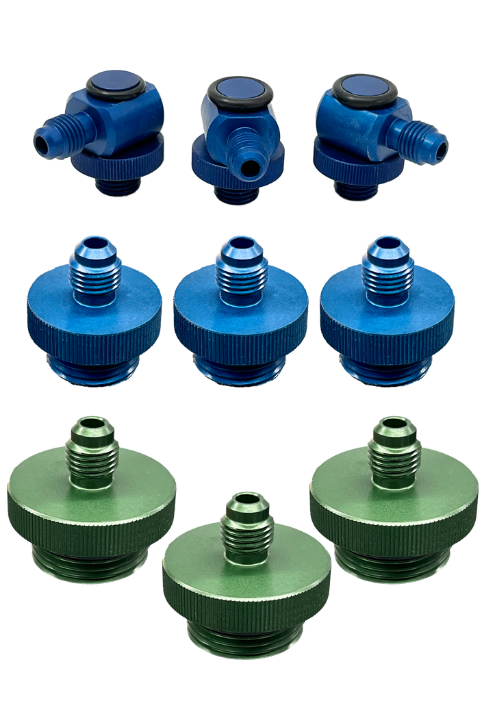 Set of 9 quick connect test fittings in anodized aluminum 3 of each size (1/4"swivel, 1/2", 3/4")