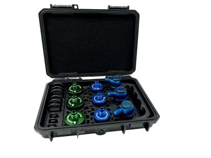 Set of 9 quick connect test fittings in anodized aluminum 3 of each size (1/4"swivel, 1/2", 3/4"), with case, holder, and spare O-rings