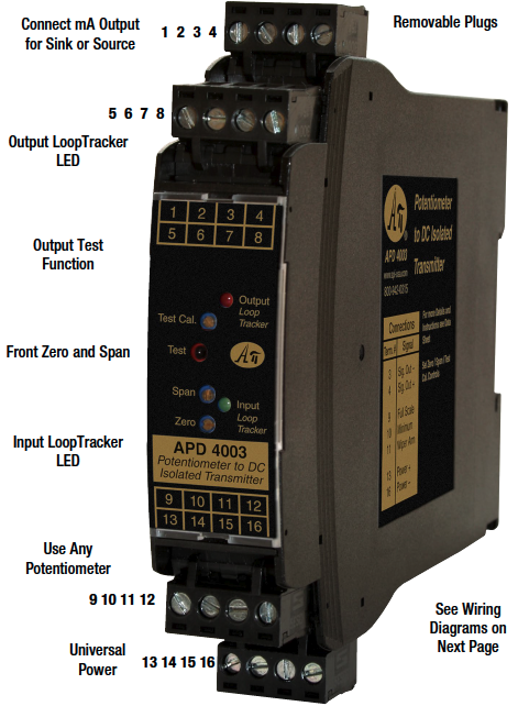 APD 4003 Series Potentiometer Input to DC Transmitter, Isolated, Factory Ranged, DIN Rail Mount