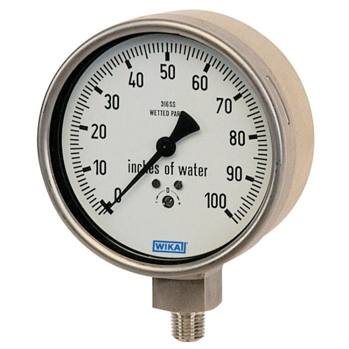 632.50 Series Dry Capsule Pressure Gauge, 2.5" Dial, -15 to 15 inWC, 1/4 NPT SS Lower Mount, O2 Cleaned