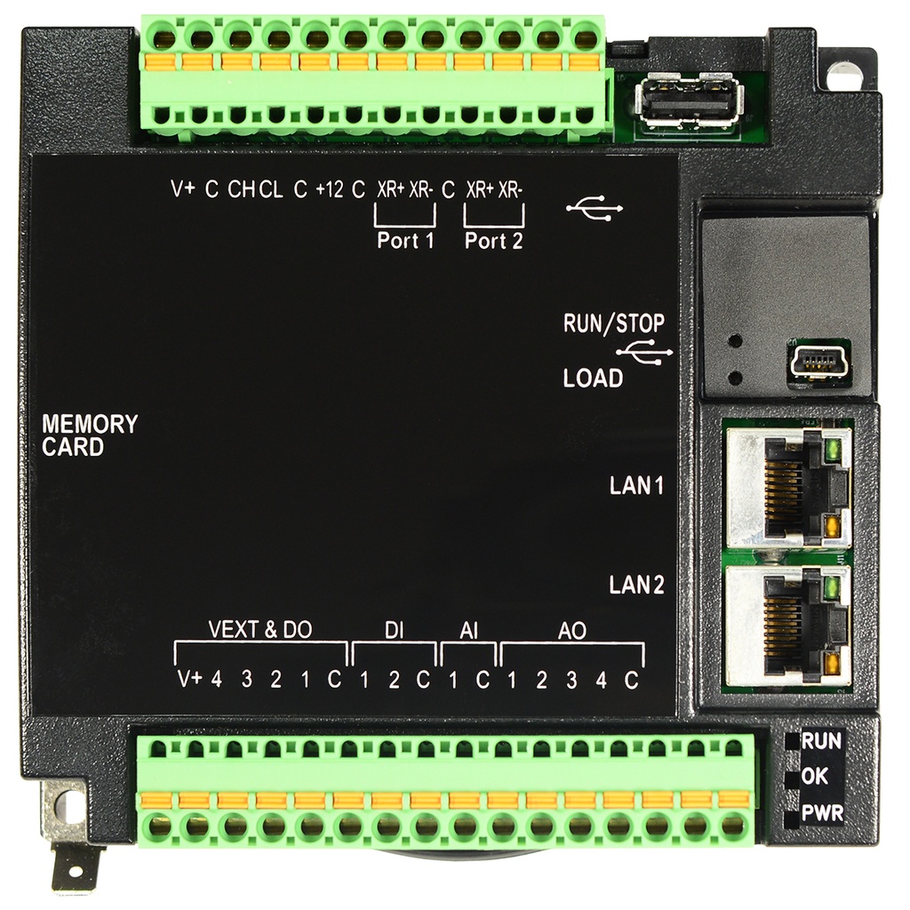 End of Life - RCC Logic controller without display. 2 digital DC inputs,4 digital outputs, 1 analog input, 4 analog outputs, 2 half-duplex RS-485 ports, CAN, 10/100 Ethernet. 