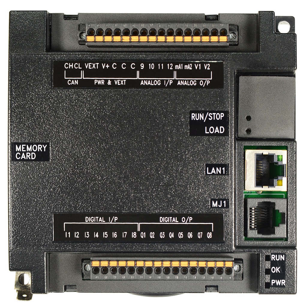 Currently only available as (-75) variant RCC Logic controller without display. 8 digital DC inputs, 8 digital outputs, 4 analog input, 2 analog outputs, 1 half-duplex RS-485, 1 RS-232, CAN, 10/100 Ethernet. 