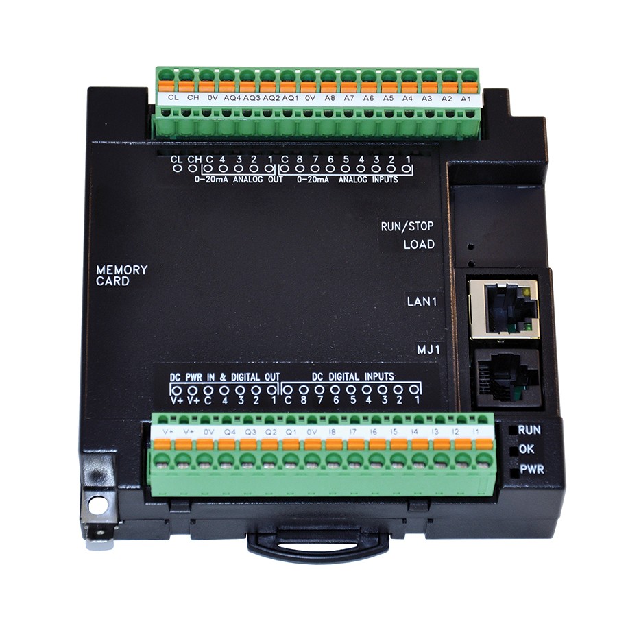 RCC Logic controller without display. 8 digital DC inputs, 8 digital outputs, 4 analog input, 2 analog outputs, 1 half-duplex RS-485, 1 RS-232, CAN, 10/100 Ethernet. (non-UL)