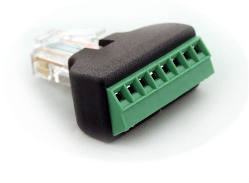 Adapter, RJ45 (8P8C) male to 8-position terminal strip.  Highly recommended for custom serial cables from MJ1 or MJ2 of XL Series OCS