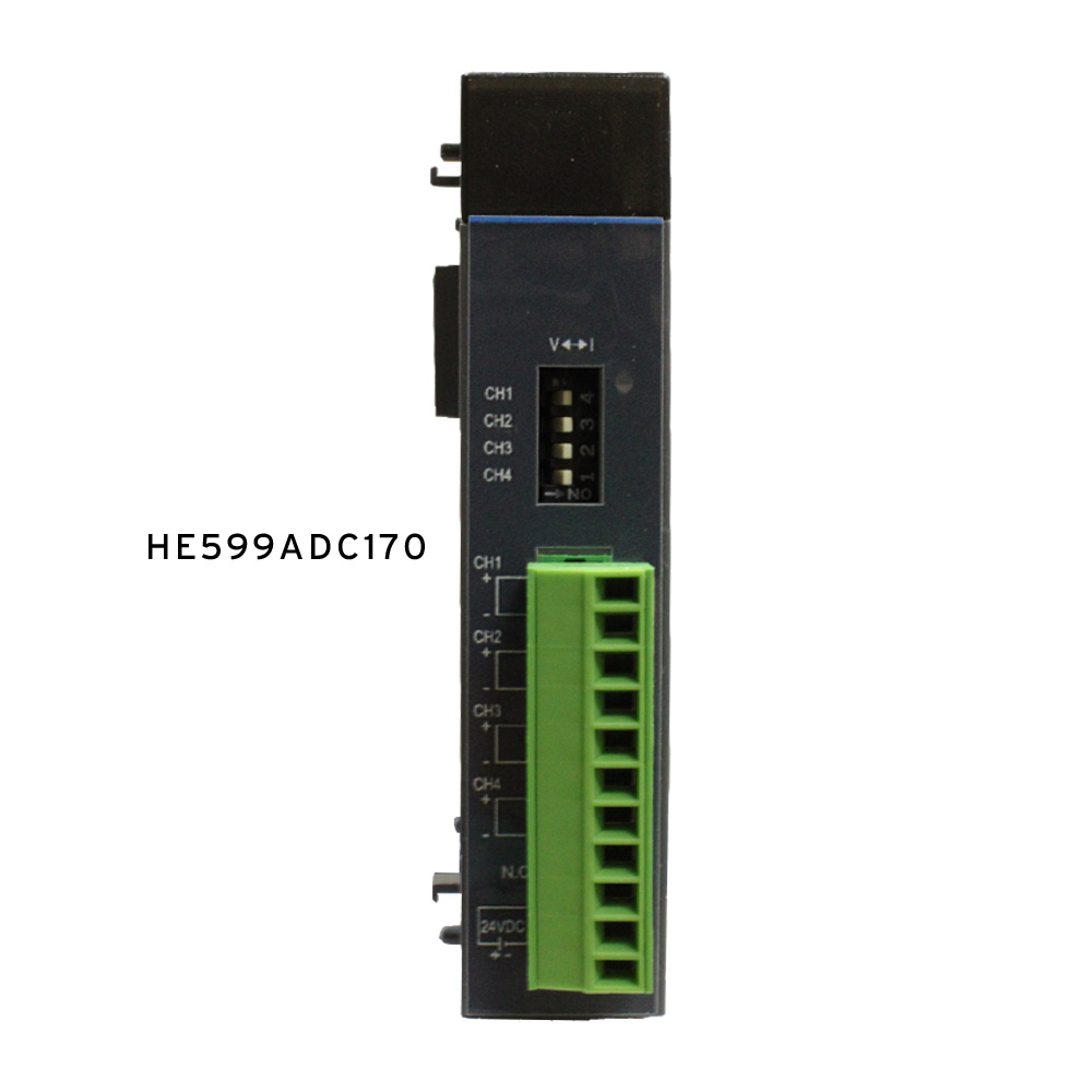 SmartRail, 4 channel Analog Inputs, 12-bit.  Selectable channel-by-channel for 0-20mA, 4-20mA, 0-10V.  For spring-clamp terminals, add HE599TRM011