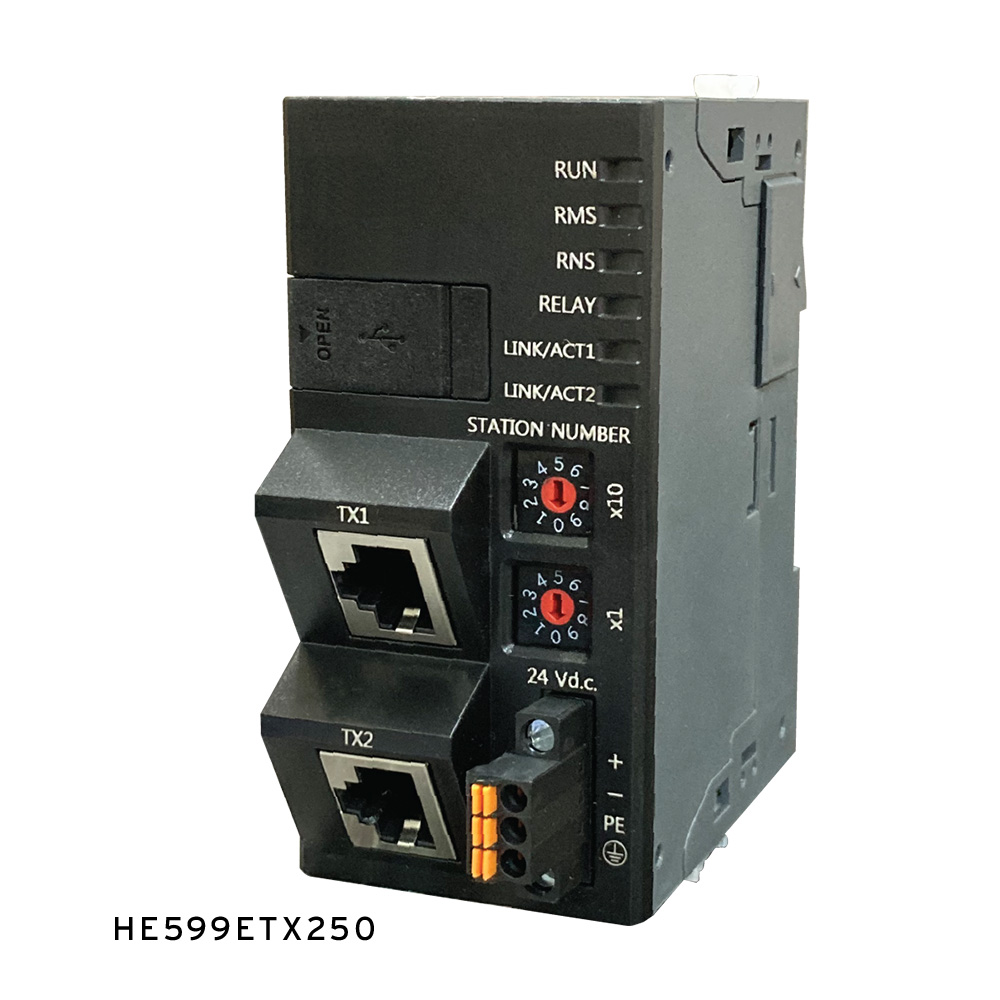 SmartRail Ethernet I/O Base with Modbus TCP and Ethernet/IP support. Features built-in unmanaged switch. Supports up to 8 I/O modules drawing up to 1.5A @ 5VDC.  Supports up to 256 digital and 32 analog I/O per base.