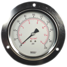 212.53 Series Ready to Fill Pressure Gauge, 4" Dial, 0 to 200 psi (kg/cm2), 1/4 NPT Brass, Lower Back Mount, Front Flange