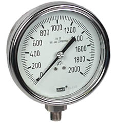 233.53 Series Glycerin Filled Pressure Gauge, 4" Dial, 0 to 2000 psi, 1/4 NPT SS Back Mount 