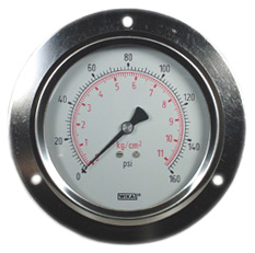 232.53 Series Ready to Fill Pressure Gauge, 4" Dial, 0 to 160 psi (kg/cm2), 1/4 NPT SS Lower Back Mount, Front Flange