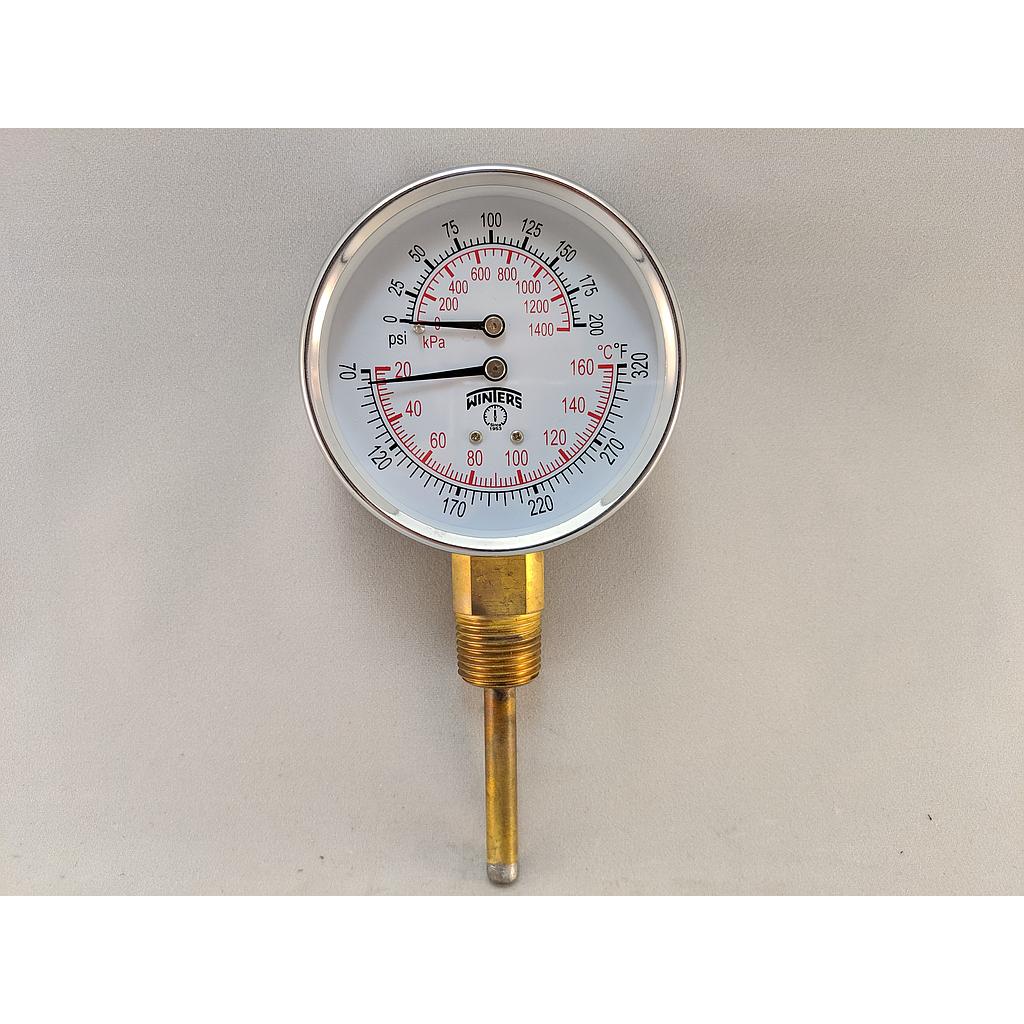 WINTERS TRIDICATOR GAUGE 3"DIAL, 0/200PSI/KPA & 70/320 F/C, 1/2"NPT CENTER BACK MOUNT