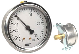 212.53 Series Ready to Fill Industrial Pressure Gauge, 2.5" Dial, 30 inHg to 30 psi, 1/4 NPT Brass, U-Clamp Panel Mount