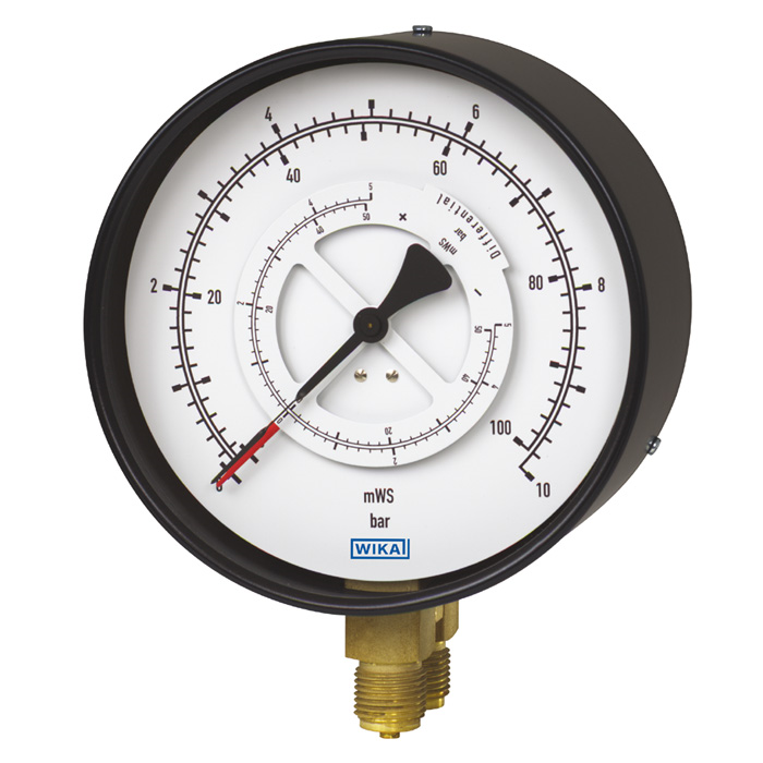 713.12 Series 4" Brass Differential Pressure Gauge, Liquid Filled, Steel Case Parallel Entry