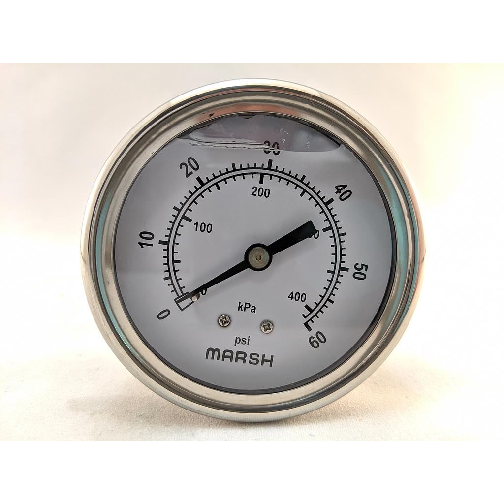 SEVERE SERVICE PRESSURE GAUGE, 0-300 PSI, 63MM, 1/4CBM, U-CLAMP, SS CASE,  COPPER ALLOY INTERNALS, LIQUID-FILLED