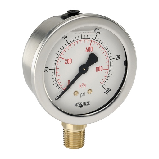 [25-901-60-psi/bar-BP3] 900 Series Liquid Filled Pressure Gauge, 0 psi to 60 psi, Brass Press Fit Orifice 0.3 mm