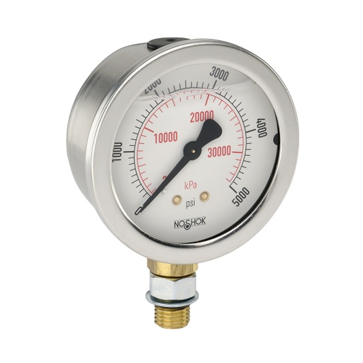 [25-901-SST-1000-psi/kPa-BP3] 900 Series Liquid Filled Pressure Gauge, 0 psi to 1,000 psi, Brass Press Fit Orifice 0.3 mm