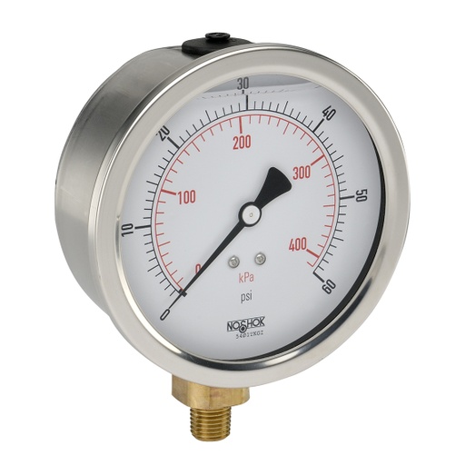 [40-901-100-psi/kPa-BP3] 900 Series Liquid Filled Pressure Gauge, 0 psi to 100 psi, Brass Press Fit Orifice 0.3 mm