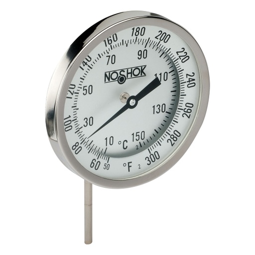 [50-320-040-0/140-F/C] 300 Series Bimetal, Industrial Thermometer, External Reset, Sanitary Options, 0 to 140 °F, 1/2" NPT, 4" Stem, 0.250" Stem Diam