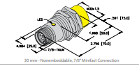 [46955] NI15-G30-AN6X-B1141, INDUCTIVE BARREL SENSOR, 30MM, THREADED METAL BARRELS WITH CONNECTOR AND DC OUTPUTS, QUICK DISCONNECT