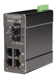 [105FXE-ST-15] 100 Series, 5-Port, N-Tron 105FX Unmanaged Industrial Ethernet Switch, ST 15km