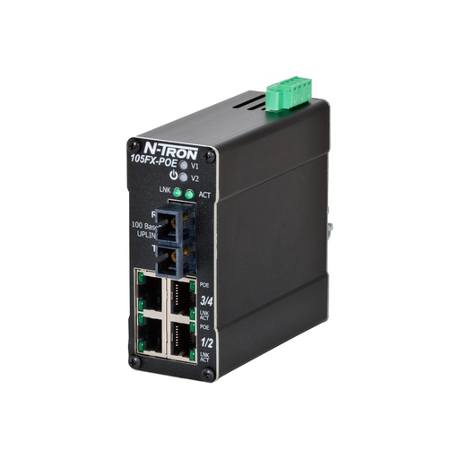 [105FX-SC-POE] 100 PoE Series, 5-Port, N-Tron 105FX Unmanaged Industrial POE Switch, SC 2km