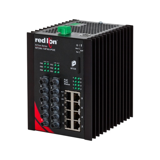 [NT24k-14FX6-ST-POE] NT24k PoE Series, 14-Port, N-Tron NT24k®-14FX6-POE Managed PoE+ Gigabit Ethernet Switch, ST 2km