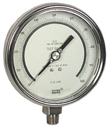 [4220111] 332.54 Series Liquid Filled Precision Test Pressure Gauge, 4" Dial, 0 to 1000 psi, 1/4 NPT SS Lower Mount