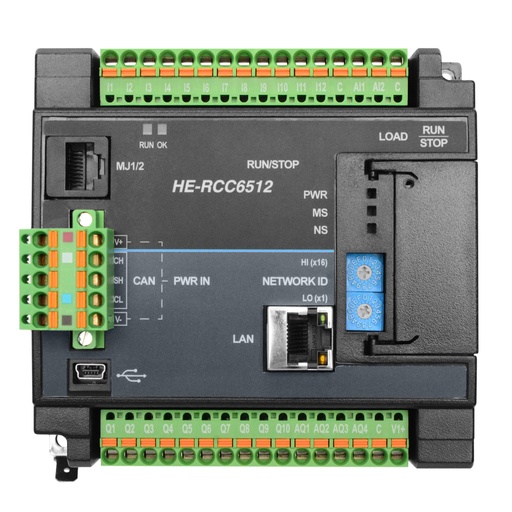 [HE-RCC6512] RCC High speed I/O controller without display. 12 digital DC inputs,  10  digital outputs, 2 Analog Inputs,  4  Analog Outputs (+/-10Vdc), 1 half-duplex RS-485, 1 RS-232, CAN, 10/100 Ethernet.   (please refer to datasheet for complete specifications)